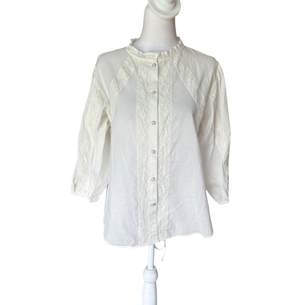 Tasha Polizzi White Cotton Lace Victorian Peasant Button Up Blouse Womens Medium